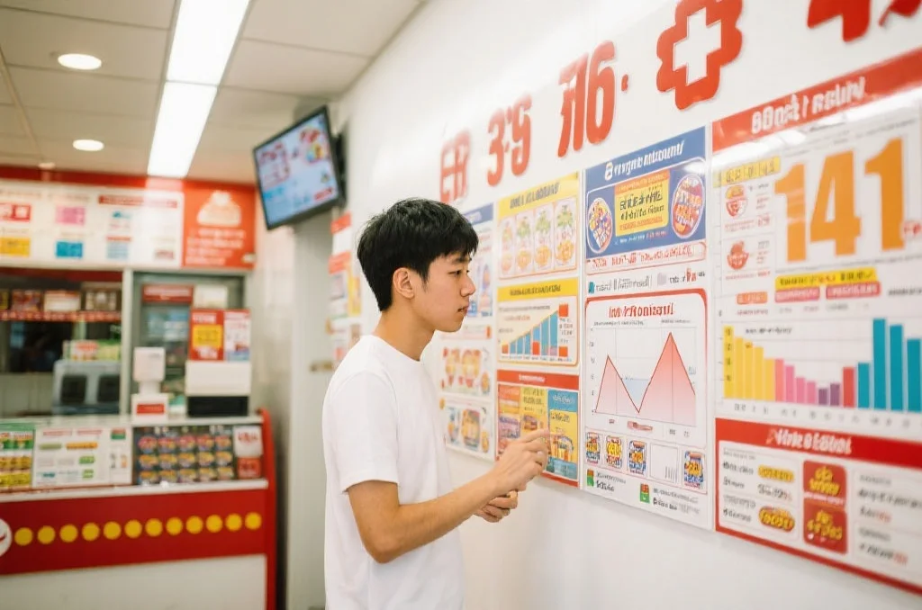 一位年轻人在明亮的彩票店内认真研究墙上展示的各种彩票规则和玩法说明,背景有数字和图表